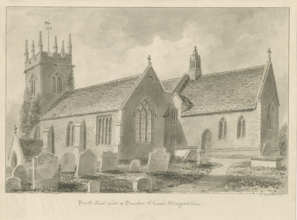 Sandon Kerk: sepia tekening, 1841 door George Buckler