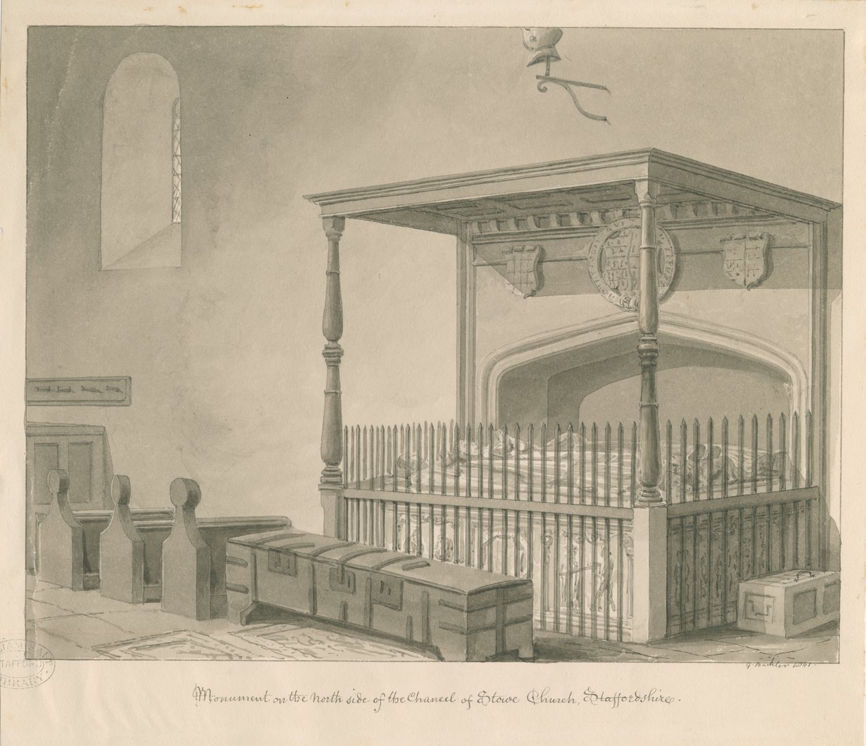 Stowe Kerk - Tafelgraf: sepia tekening door George Buckler