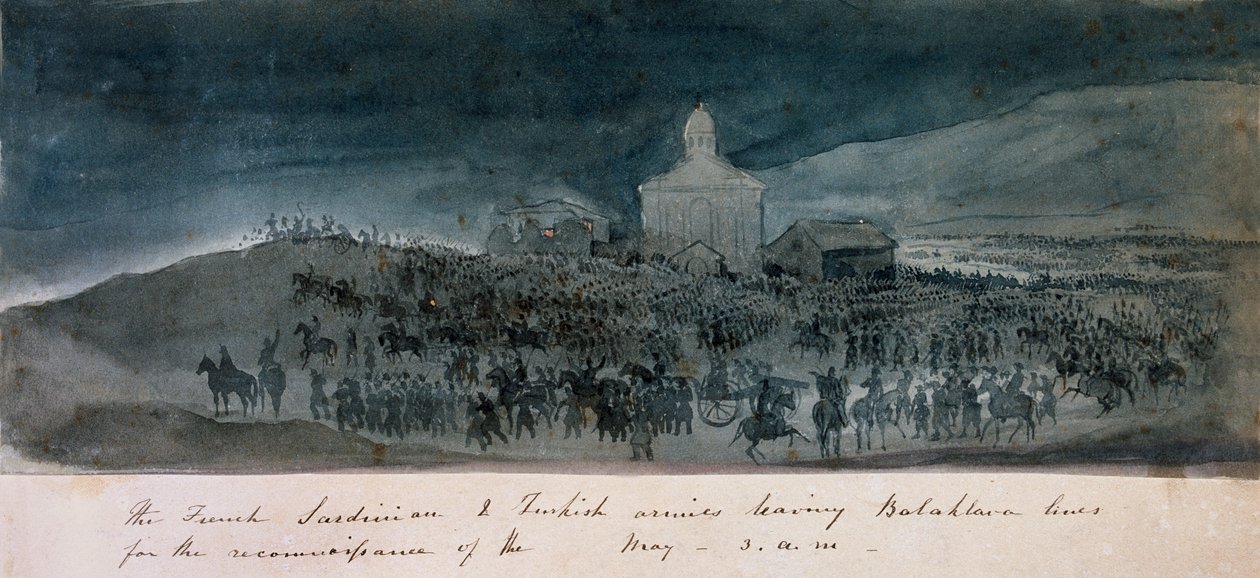 De Franse, Sardijnse en Turkse legers verlaten de Balaklava-linies voor een verkenning, circa 1854 door George Cadogan