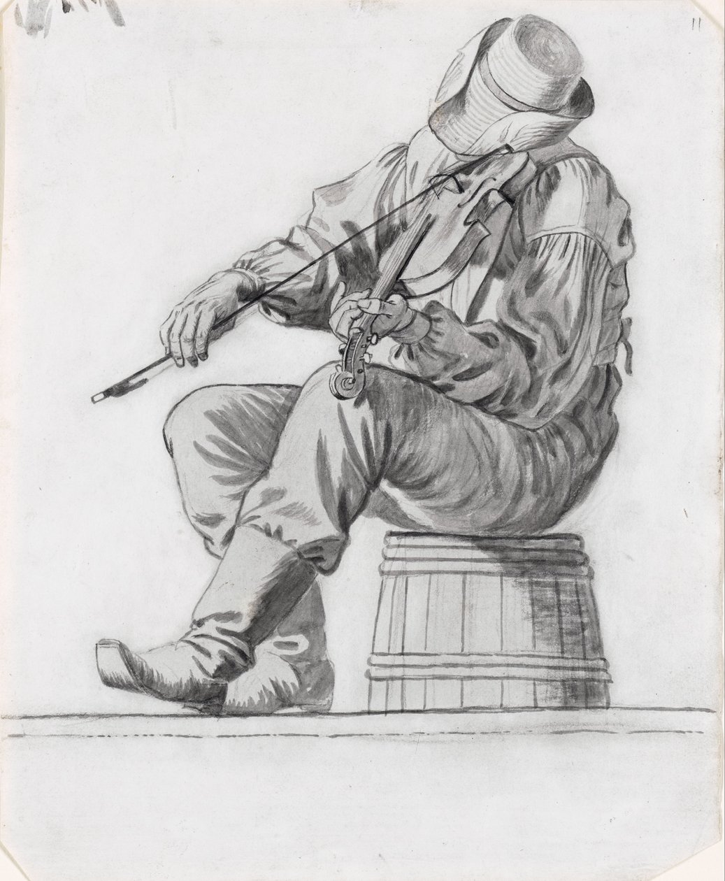 Fiddler (studie voor The Jolly Flatboatmen) (recto) door George Caleb Bingham