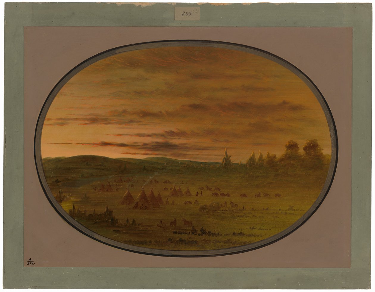 Een Indiaans kamp bij zonsondergang door George Catlin