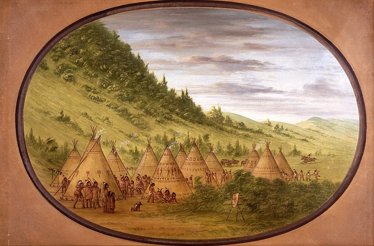 Een Ojibwe-dorp met tenten van huiden door George Catlin