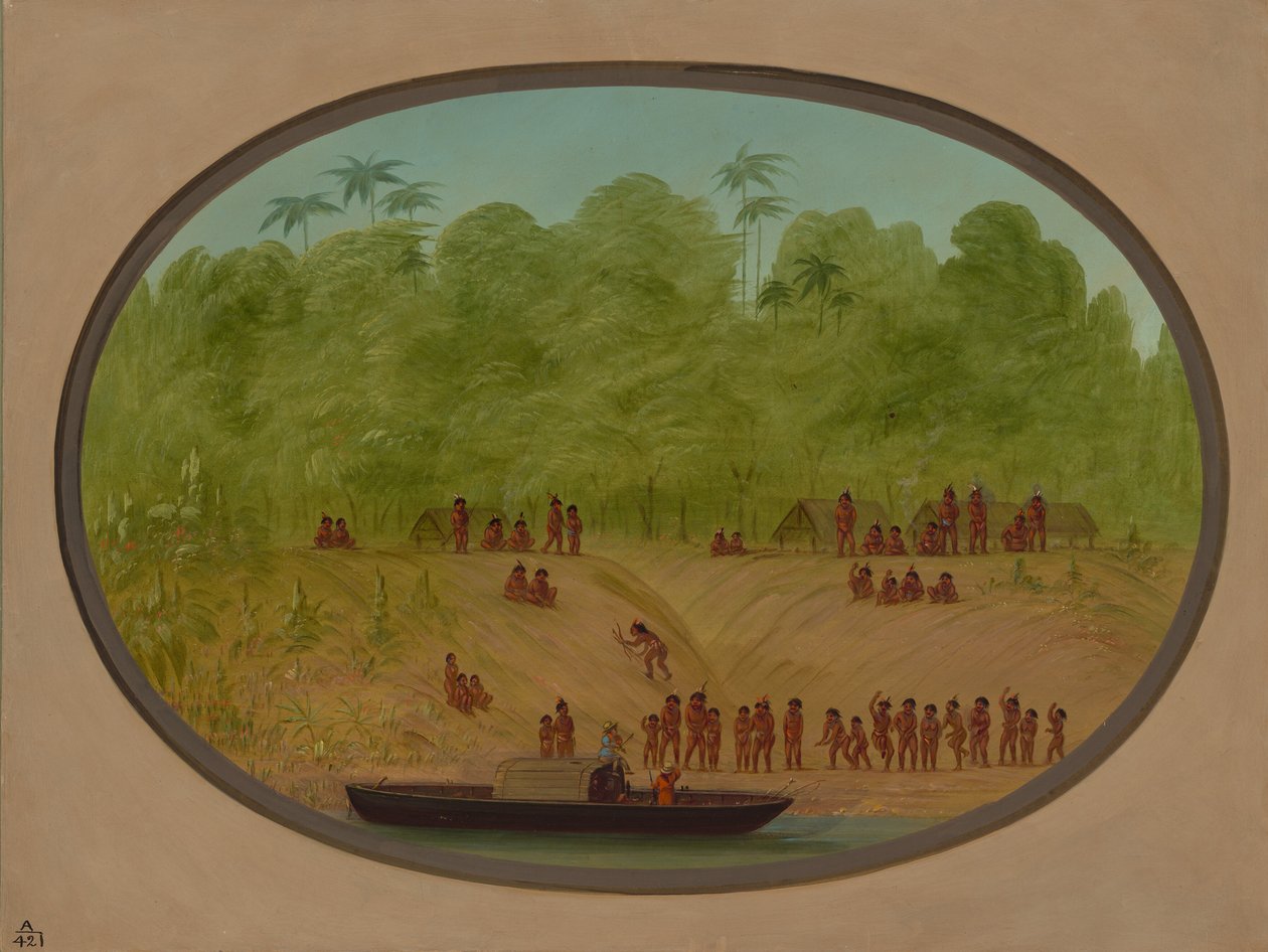 Een Omagua-dorp - Bootschets door George Catlin