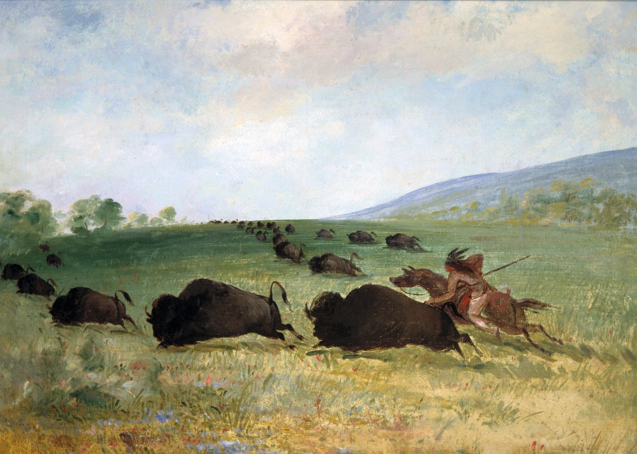 Een Osage-indiaan die een buffel lanceert, 1846-1848 door George Catlin