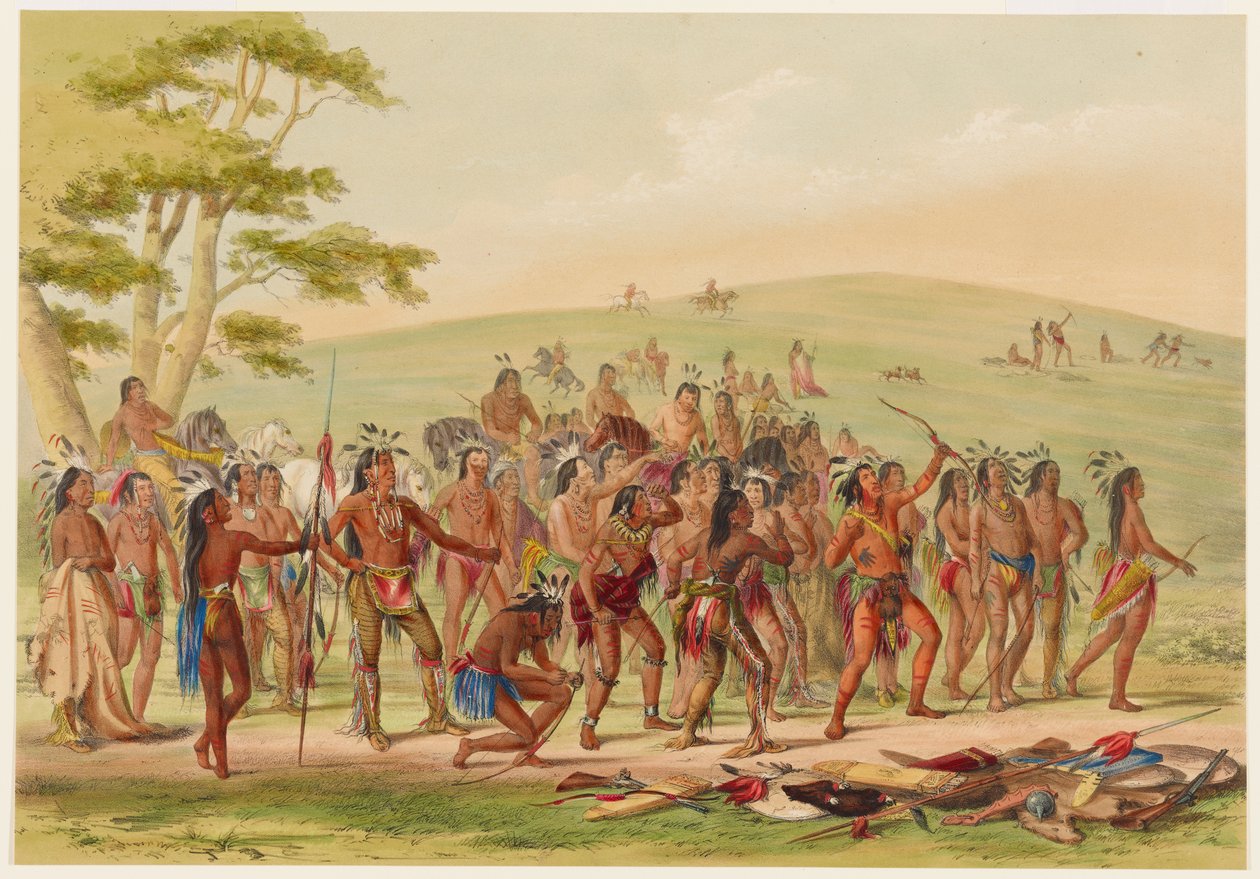 Boogschieten bij de Mandan door George Catlin