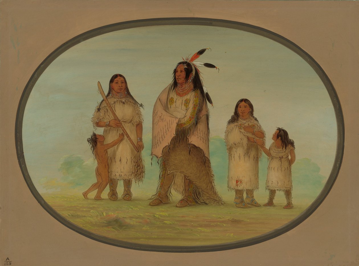 Assinneboine krijger en zijn familie door George Catlin