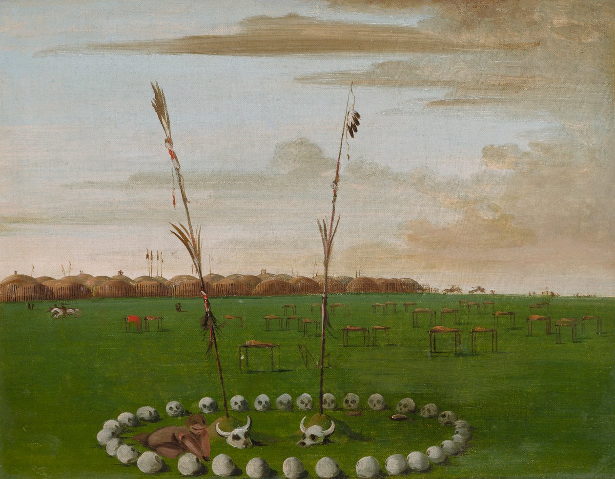 Achteraanzicht van Mandan Village, met de begraafplaats door George Catlin