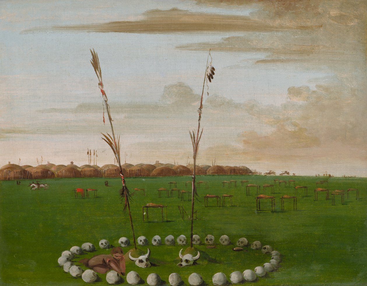 Achteraanzicht van Mandan Village, met de begraafplaats, 1832 door George Catlin