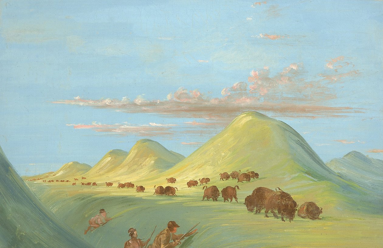 Batiste, Bogard en ik naderen Buffalo op de Missouri door George Catlin