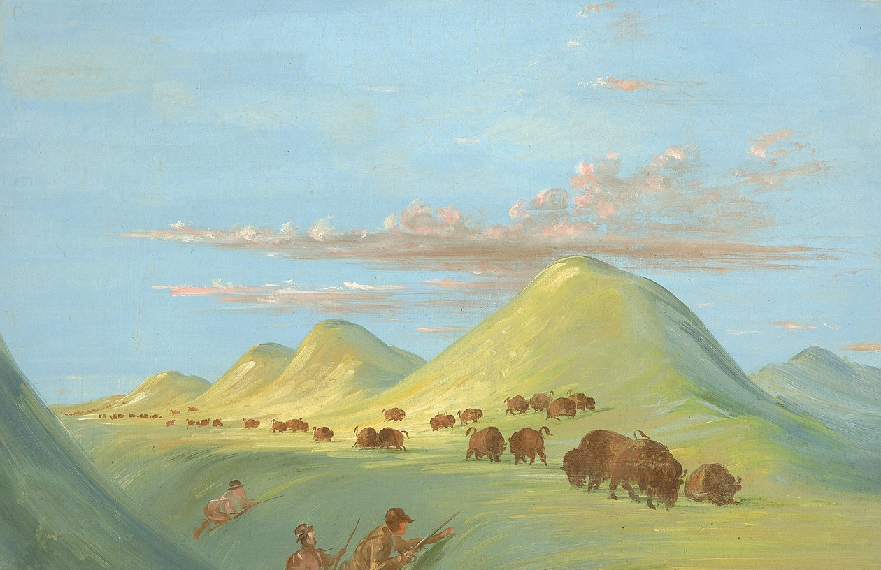 Batiste, Bogard en ik naderen buffels aan de Missouri door George Catlin