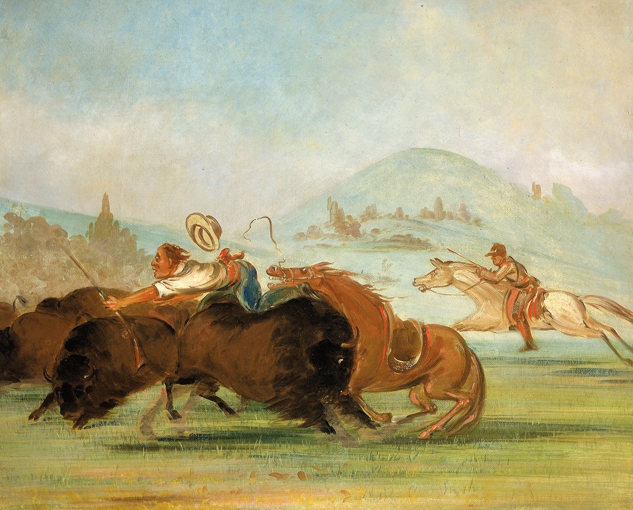 Batiste en ik op buffeljacht, monding van de Yellowstone door George Catlin
