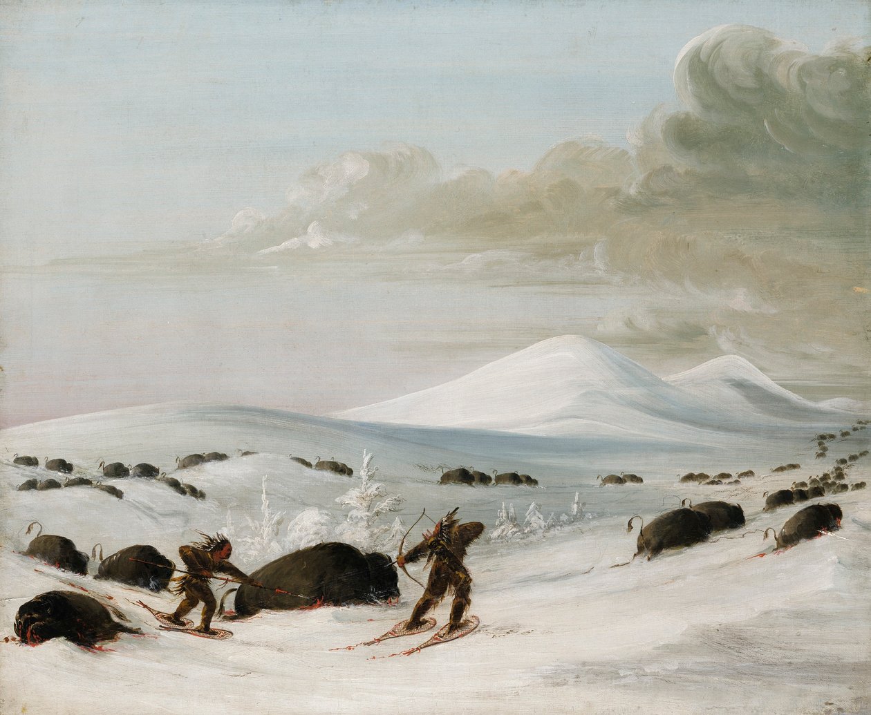 Buffeljacht in sneeuwjacht, Indianen achtervolgen op sneeuwschoenen door George Catlin