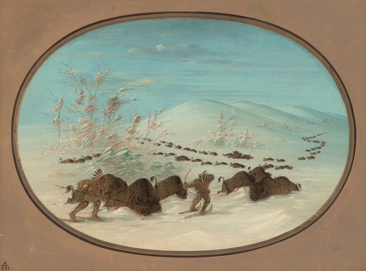 Buffeljacht in de sneeuwdriften - Ojibbeway door George Catlin