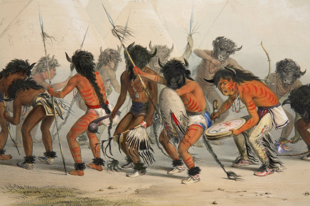 Buffalo Dance (detail), uitgegeven 1845, kleurenlithografie door George Catlin