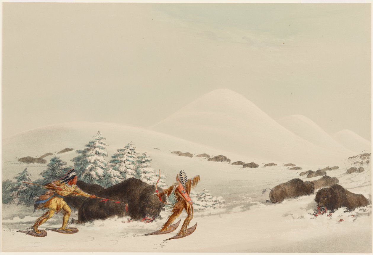 Bizonsjacht op sneeuwschoenen door George Catlin