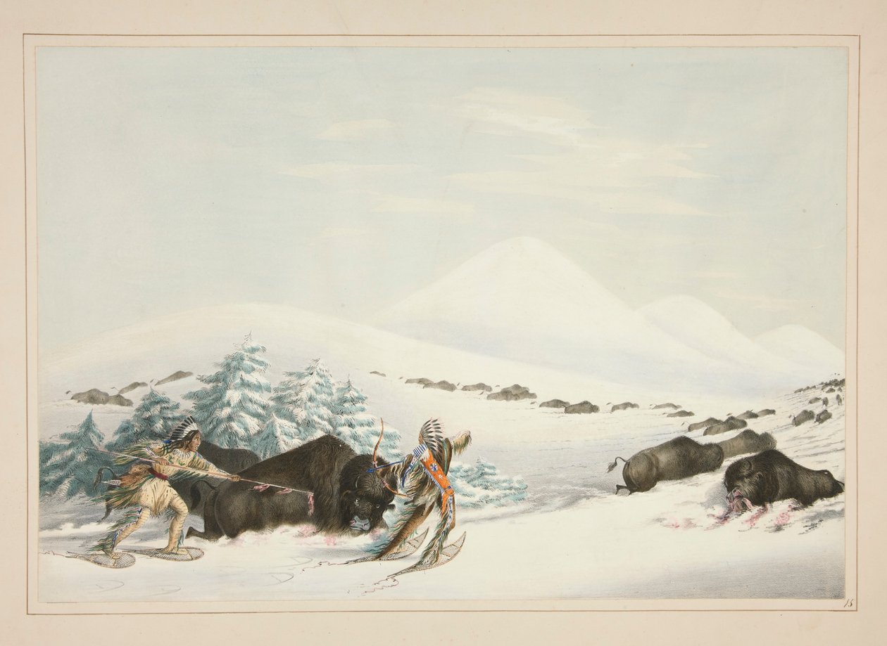 Buffeljacht, op sneeuwschoenen, pl. 15 uit de North American Indian Portfolio door George Catlin