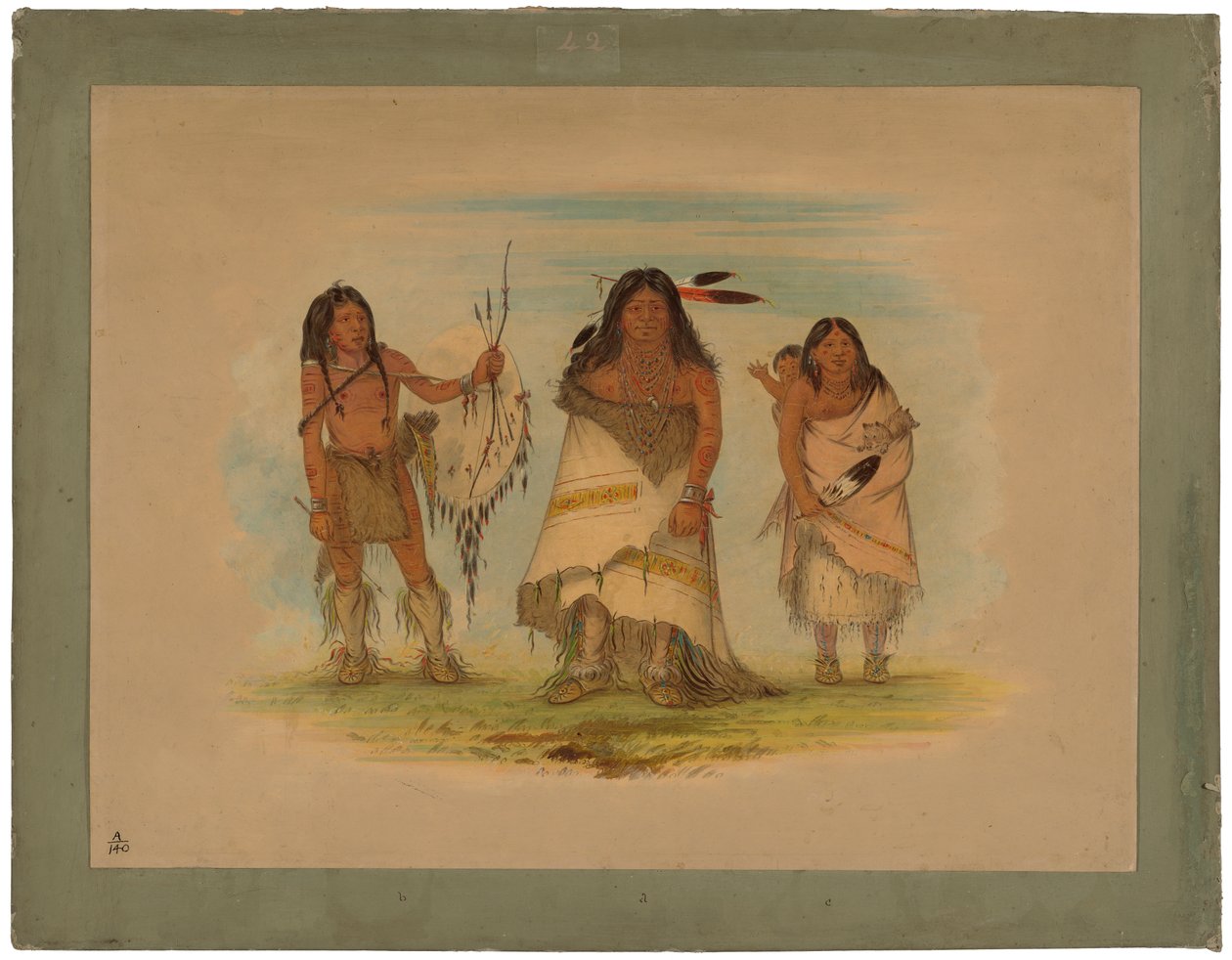 Camanchee Hoofd, Zijn Vrouw en een Krijger door George Catlin