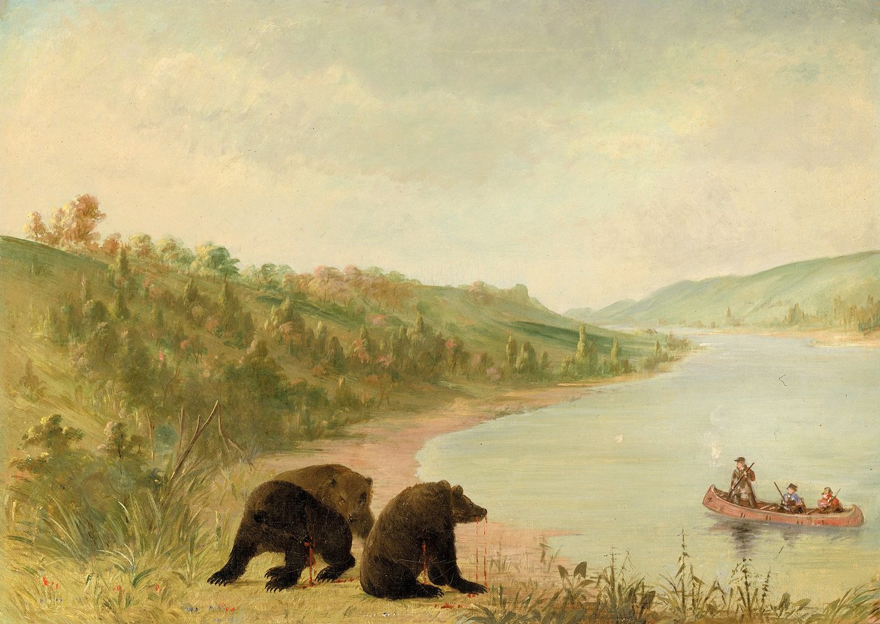 Catlin en zijn mannen in hun kano, dringend verzocht om aan land te komen, Upper Missouri door George Catlin