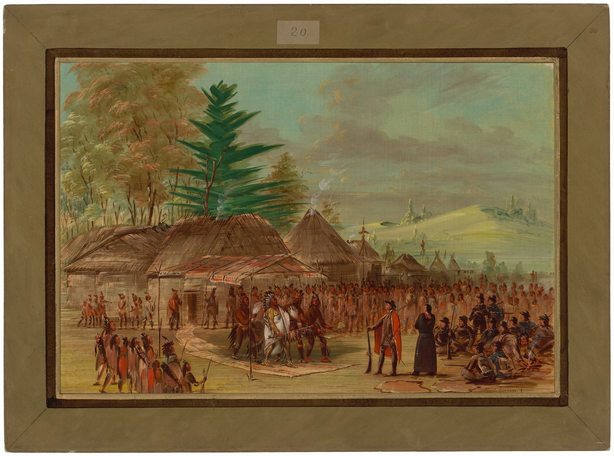 Het opperhoofd van de Taensa-indianen ontvangt La Salle. 20 maart 1682 door George Catlin