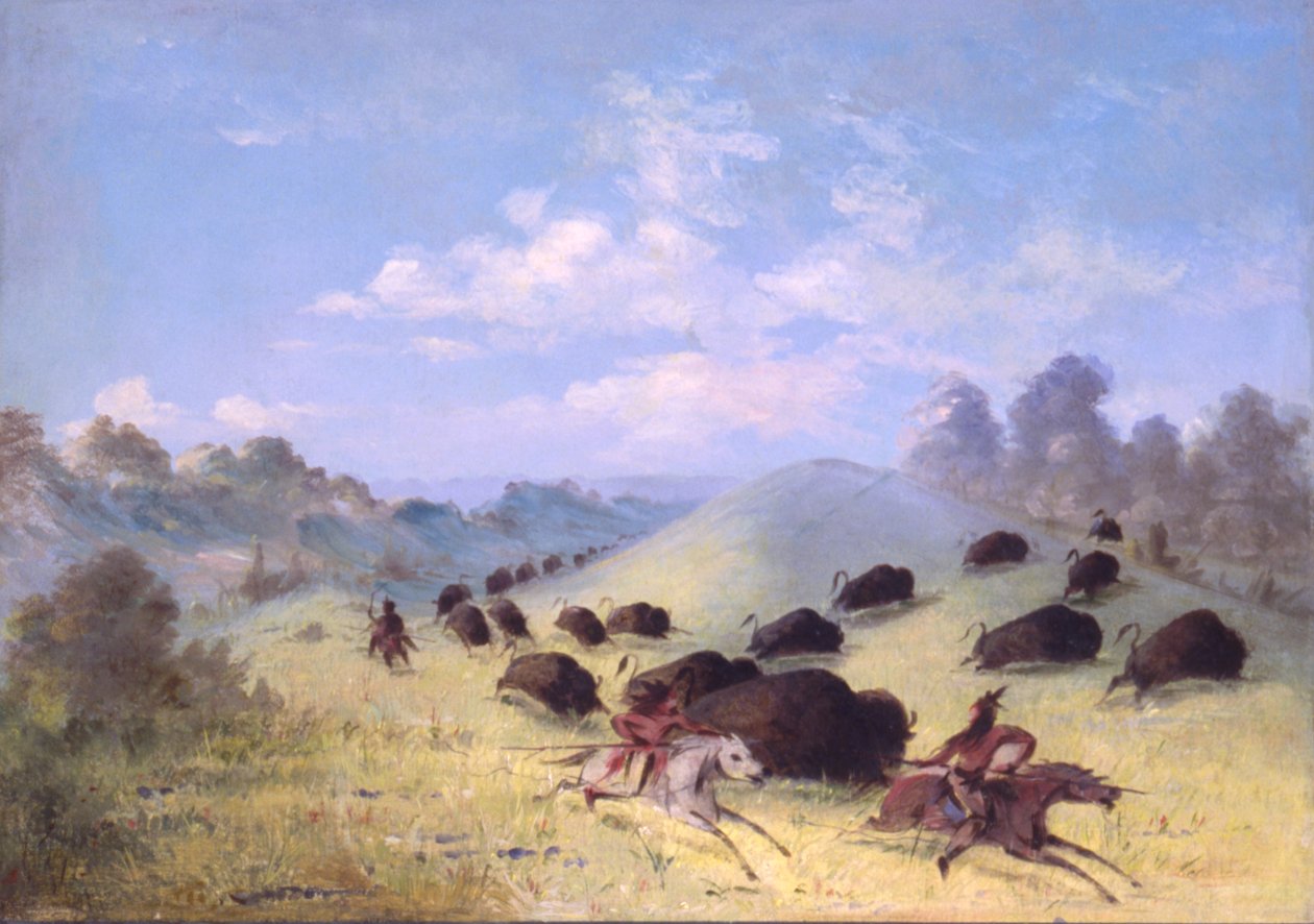 Comanche-indianen achtervolgen buffels met lansen en bogen, 1846-1848 door George Catlin