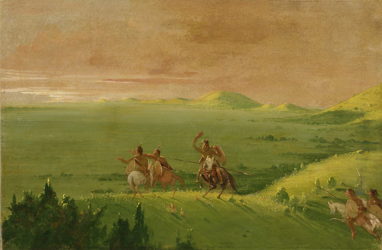 Comanche oorlogsgroep, opperhoofd ontdekt de vijand en spoort zijn mannen aan bij zonsopgang door George Catlin