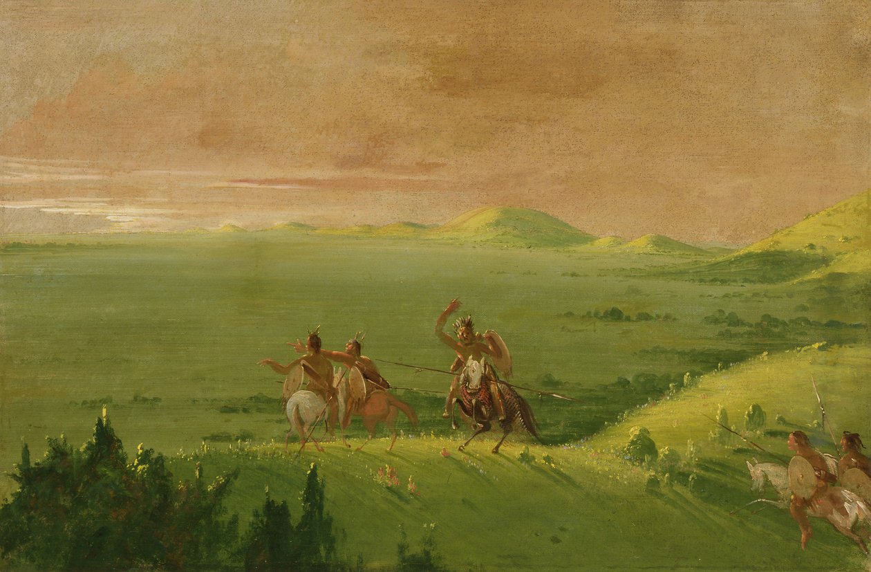 Comanche Oorlogspartij, Hoofd die de Vijand Ontdekt en zijn Mannen Aanspoort bij Zonsopgang, 1834-1835 door George Catlin