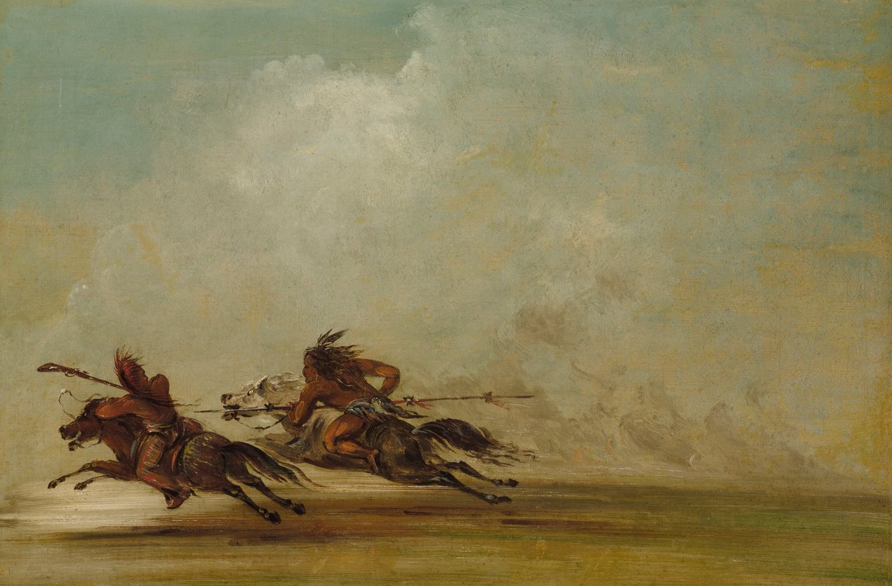 Comanche krijger steekt op volle snelheid een Osage neer door George Catlin