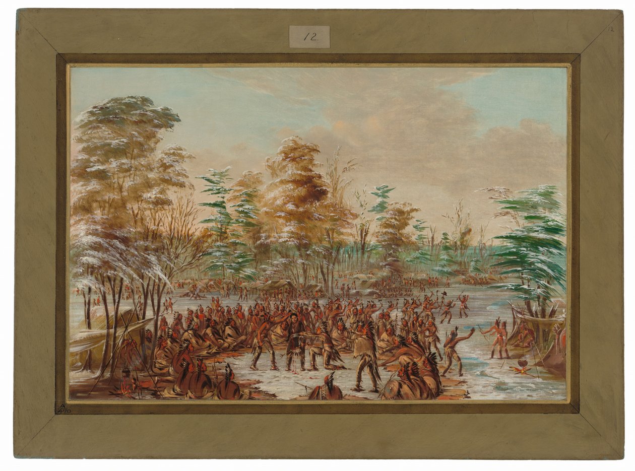 De Tonty onderhandelt over vrede in het Irokezen-dorp.  2 januari 1680 door George Catlin