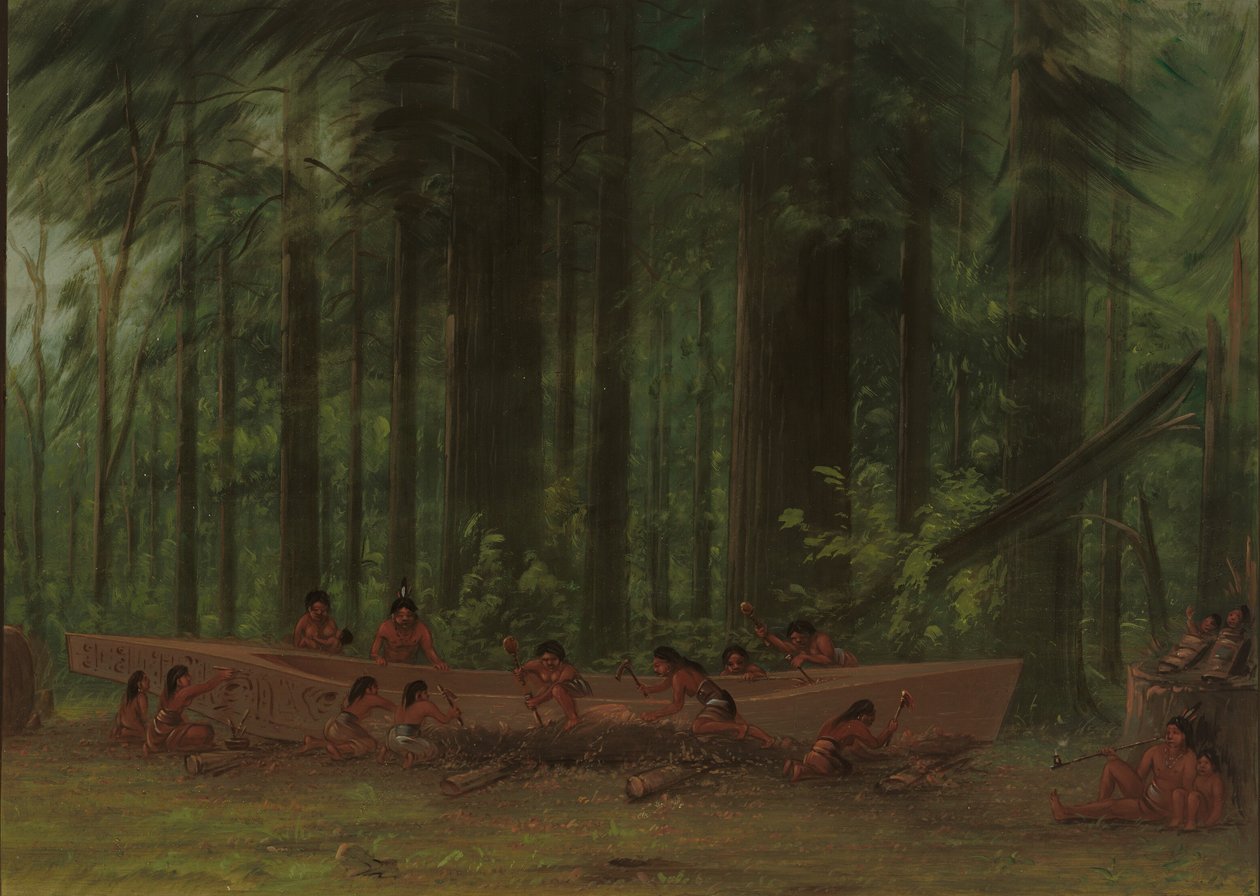 Uitgraven van een kano - Nayas Indianen, 1855-1869 door George Catlin