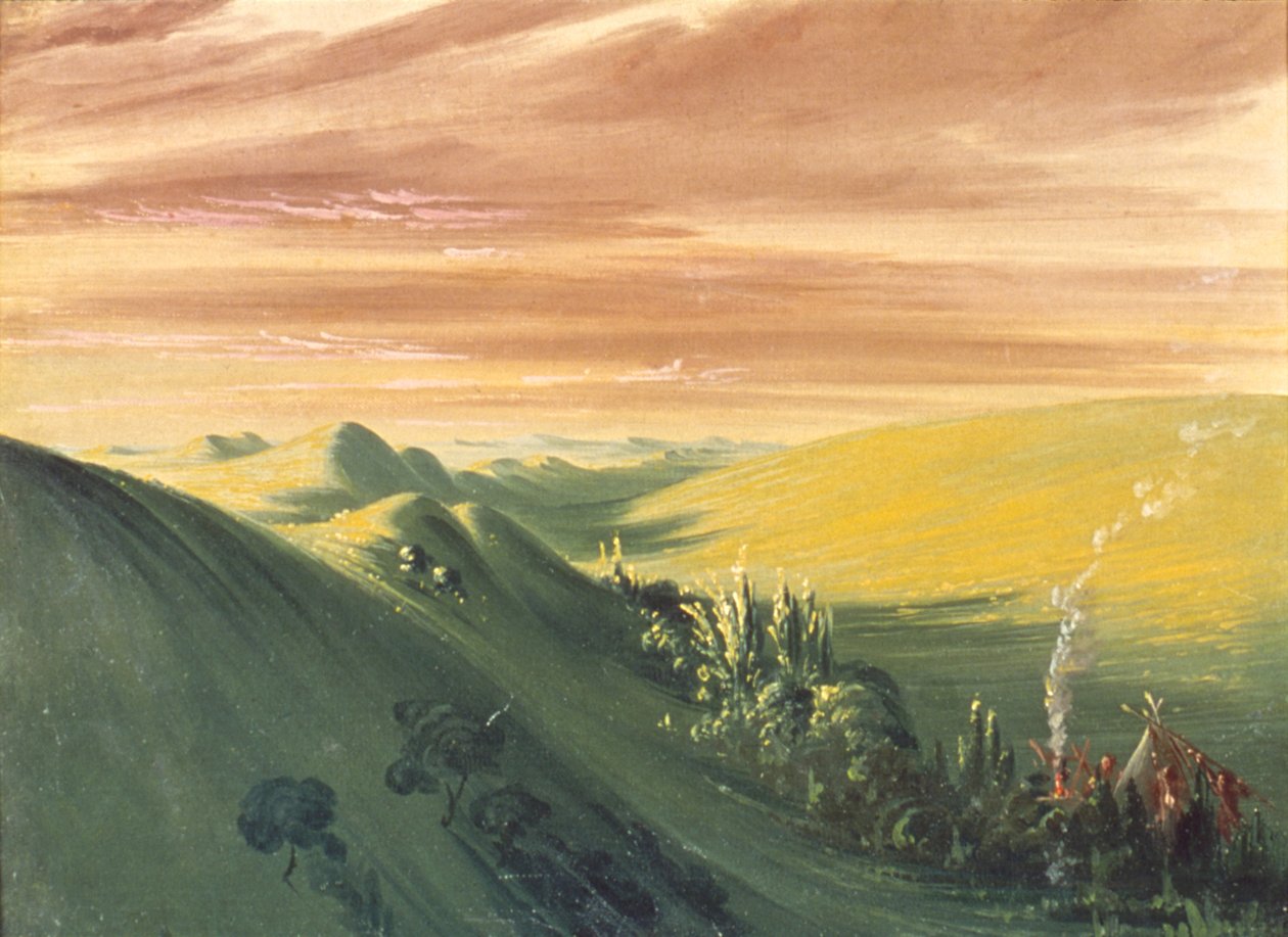 Indianen kamperen bij zonsondergang, Boven-Missouri door George Catlin