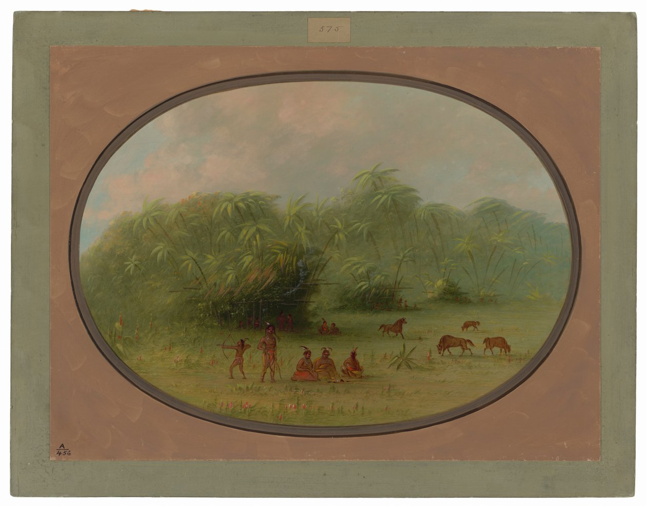 Indianen en paarden in het bos door George Catlin