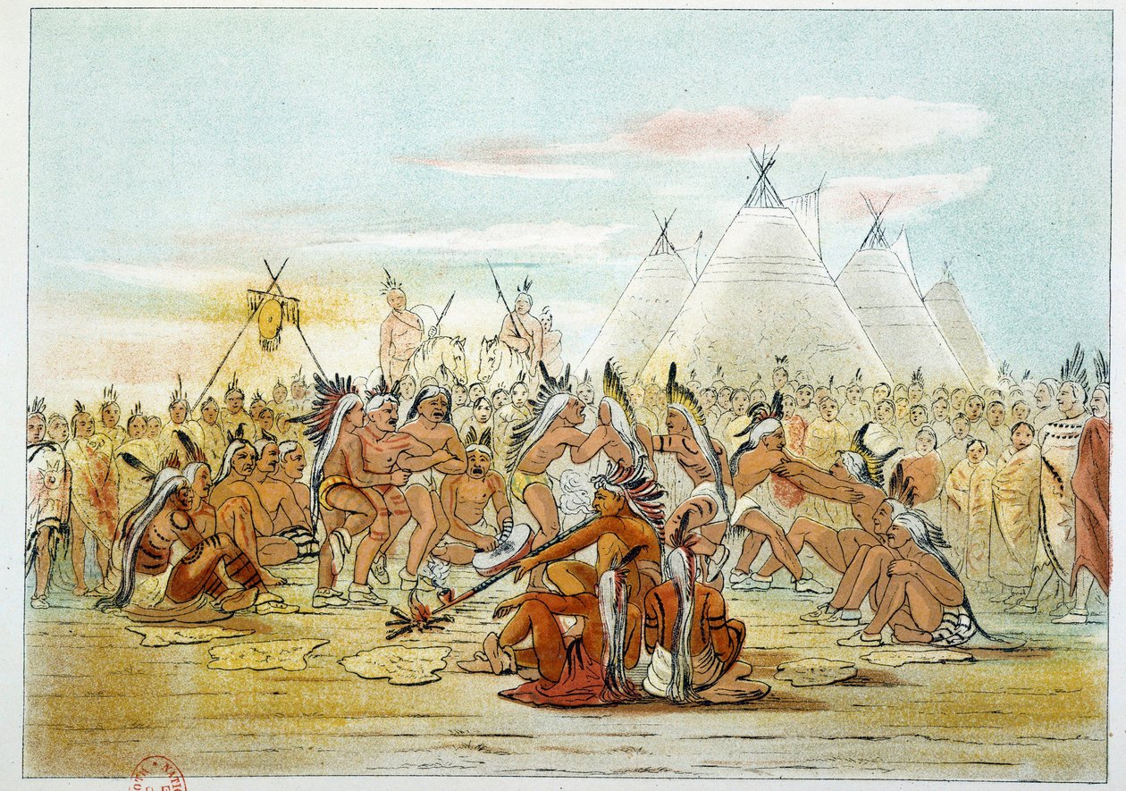 Indianen van Amerika: Assiniboin stam die lijkt op Sioux dansen pijpdans. Illustratie door George Catlin door George Catlin