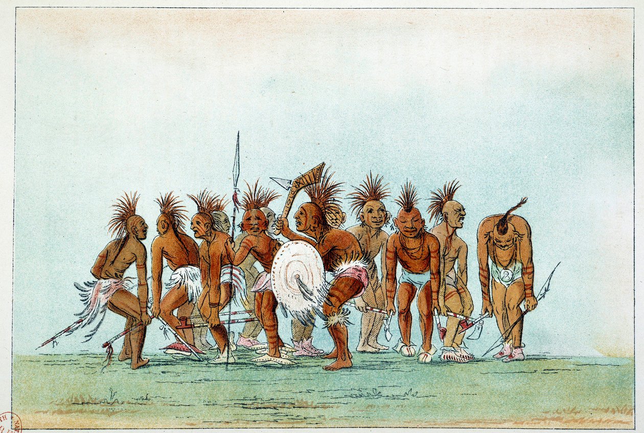 Indianen van Amerika: Black Hawk stam die bedeldans uitvoert voor toeristen. Illustratie door George Catlin door George Catlin