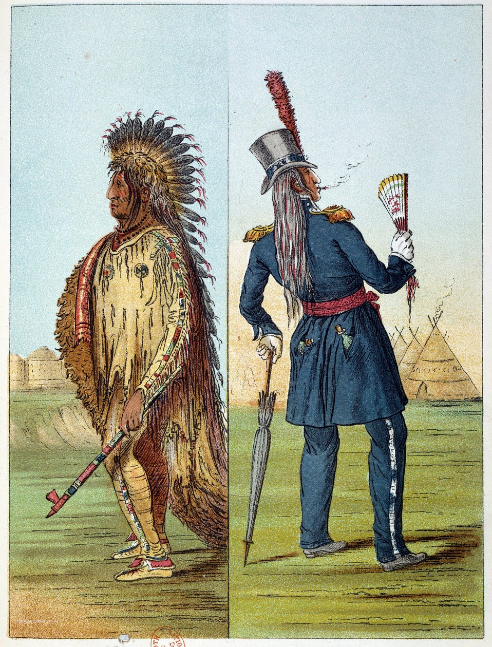 Indianen van Amerika: Indian Assiniboin gekleed in militair uniform met in zijn zakken twee flessen whisky. Illustratie door George Catlin (1794-1872) door George Catlin