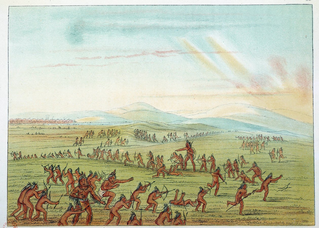 Indianen van Amerika: jachtles voor Mandan-kinderen tussen 7 en 15 jaar. Illustratie door George Catlin door George Catlin