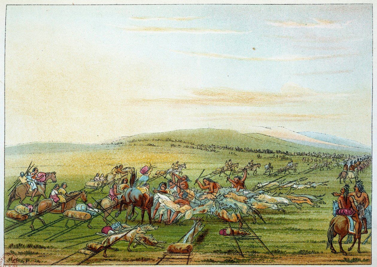 Indianen van Amerika: stam van Indianen met paarden en honden. Illustratie door George Catlin door George Catlin