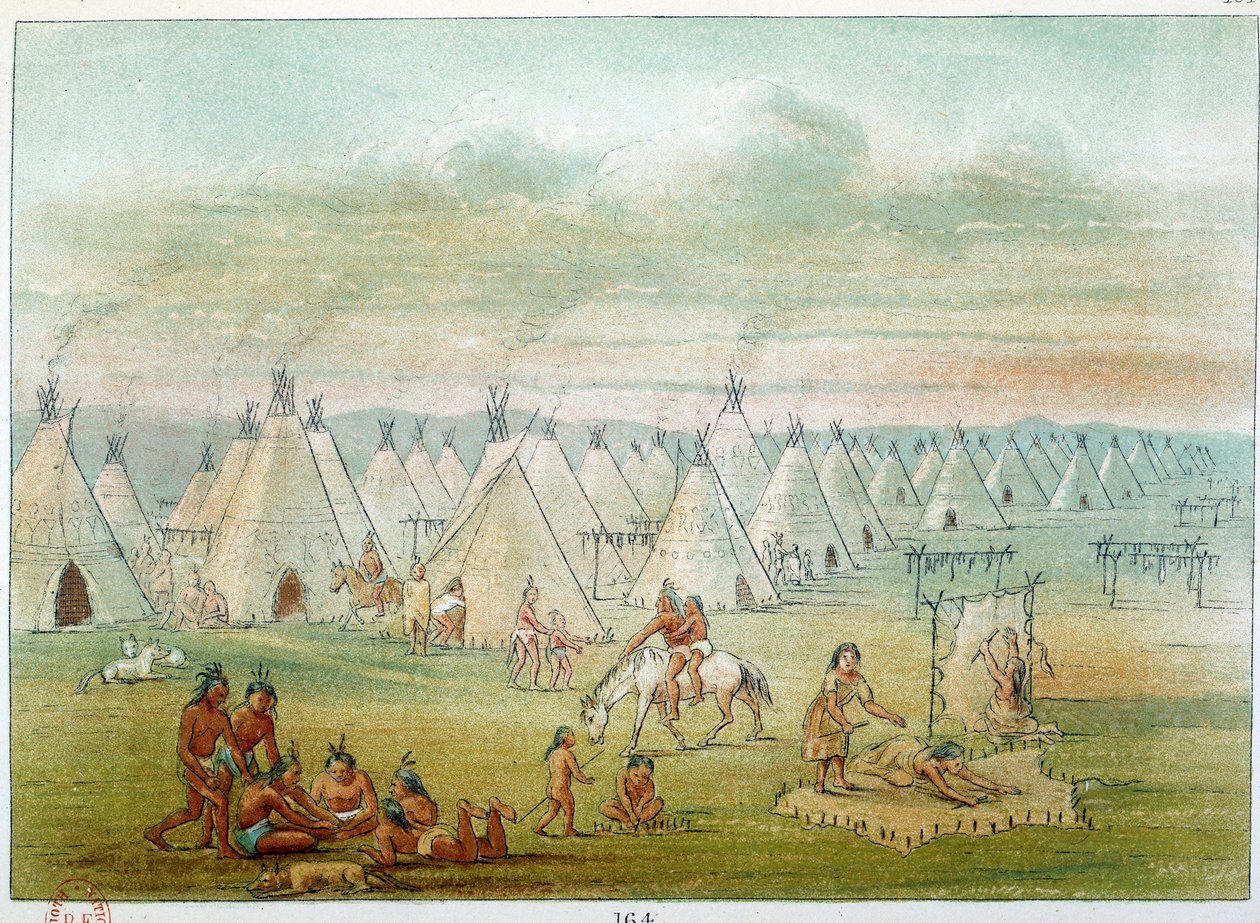 Indianen van Amerika: Comanche dorp, de tenten zijn gemaakt van bizonhuiden. Illustratie door George Catlin door George Catlin