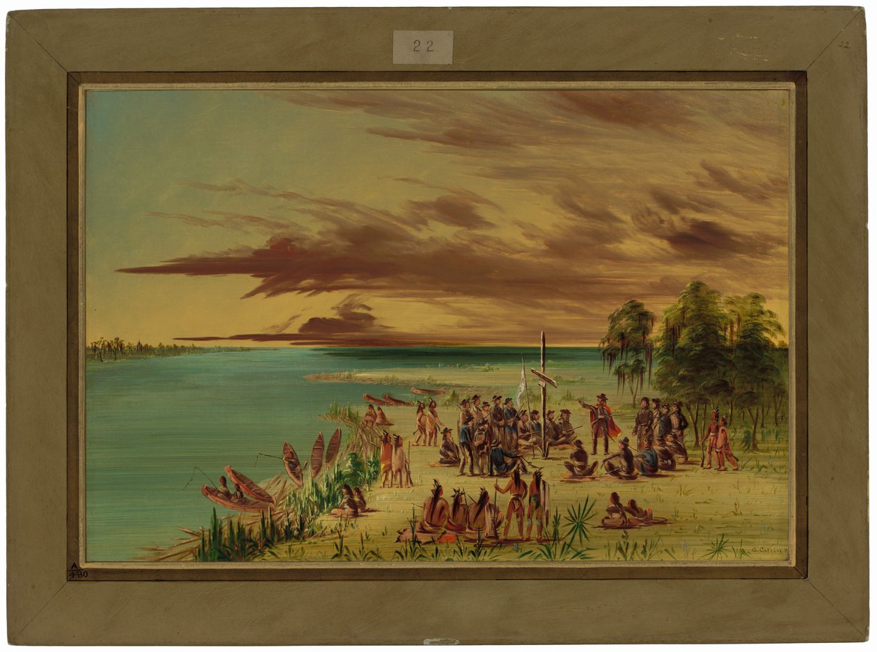 La Salle eist Louisiana op voor Frankrijk.  9 april 1682 door George Catlin