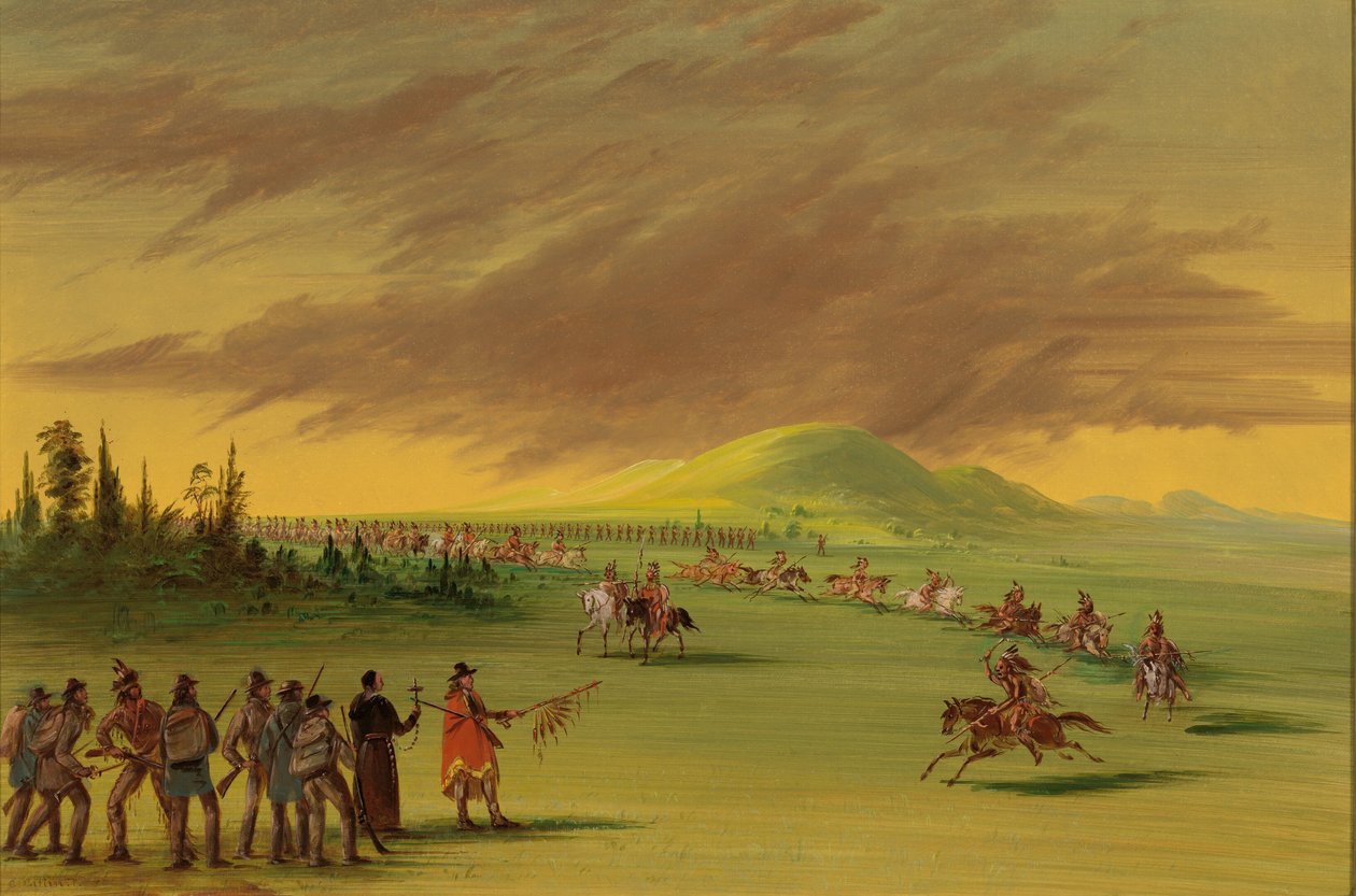 La Salle ontmoet een oorlogsgroep van Cenis-indianen op een Texaanse prairie. 25 april 1686, 1847-1848 door George Catlin