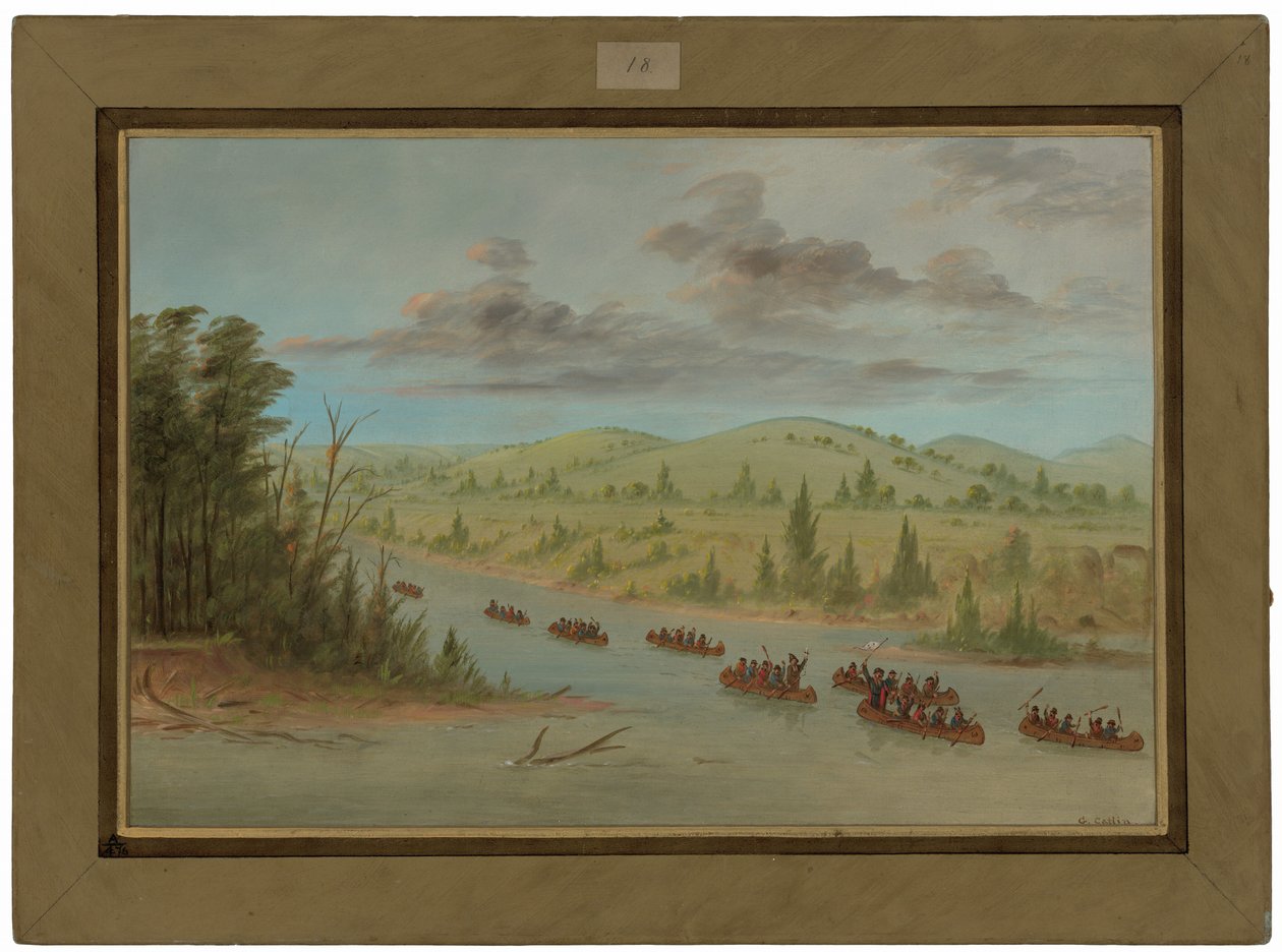 De expeditie van La Salle vaart in kano’s de Mississippi op.  6 februari 1682 door George Catlin