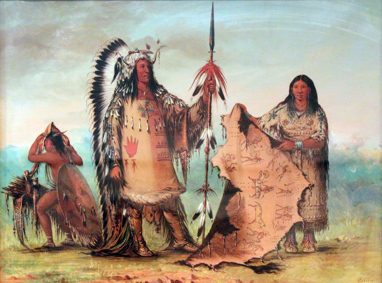Mandan: Mato-Tope met vrouw en zoon. Het bizongewaad, vastgehouden door zijn vrouw, toont zijn heldhaftige oorlogsdaden door George Catlin