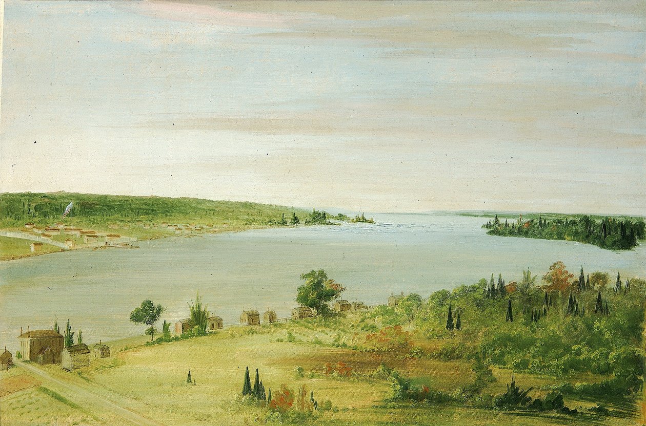 Sault Ste. Marie, met het Amerikaanse garnizoen in de verte door George Catlin
