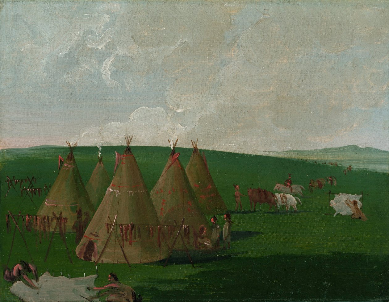 Sioux kamperen aan de Upper Missouri, buffelvlees en gewaden kleden zich aan door George Catlin