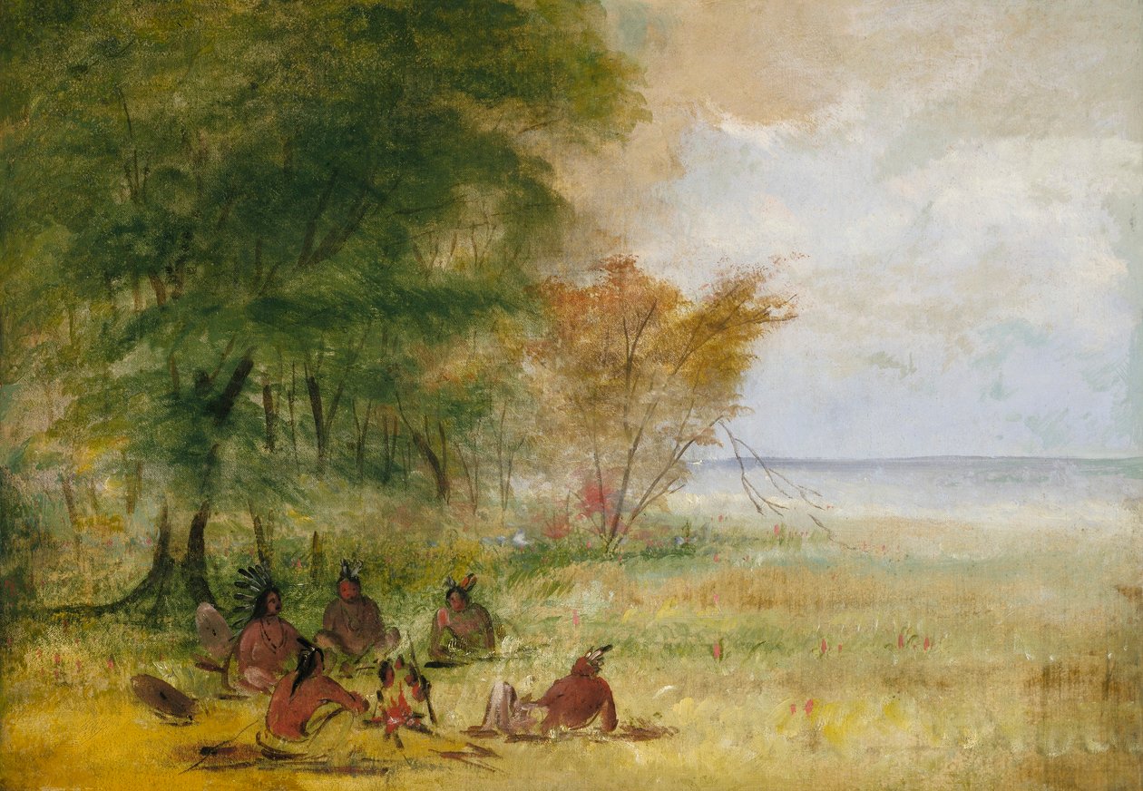Sioux Indianenraad, stamhoofden in diepgaand overleg door George Catlin