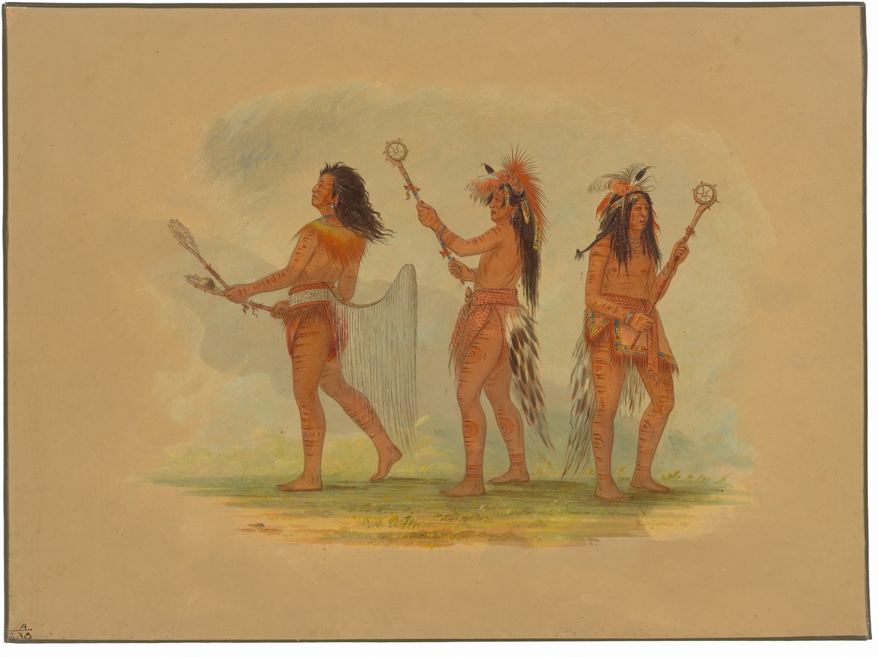 Drie beroemde balspelers - Choctaw, Sioux en Ojibbeway door George Catlin