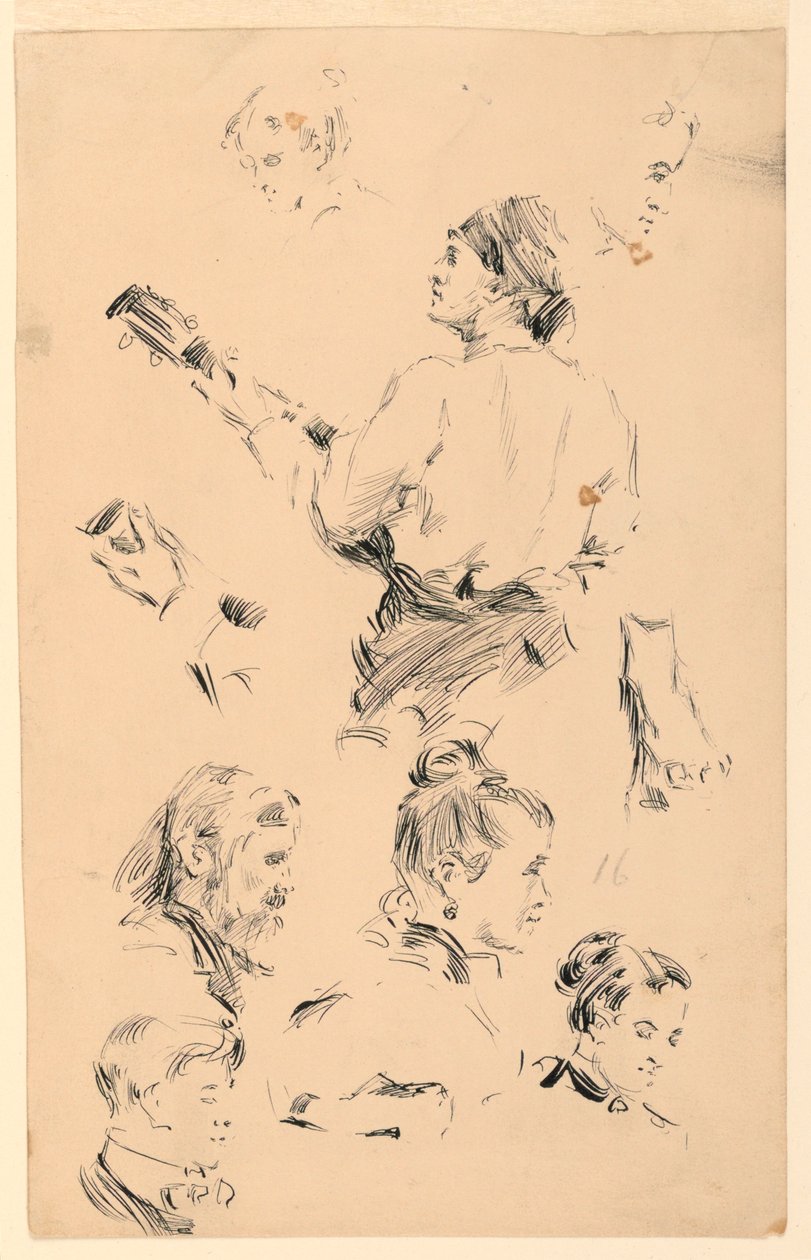 Schetsen van hoofden, een hand, een voet en een muzikant door George Charles Aid