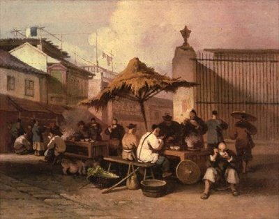 Een groep Chinezen die buiten de kerk van San Domingo eten door George Chinnery