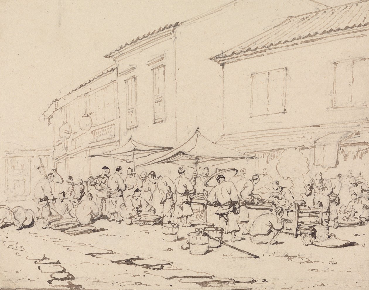 Een marktplein en menigte door George Chinnery