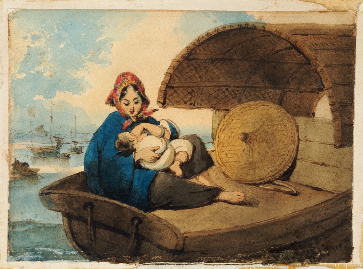 Een Tanka Vrouw met haar Kind op een Boot door George Chinnery