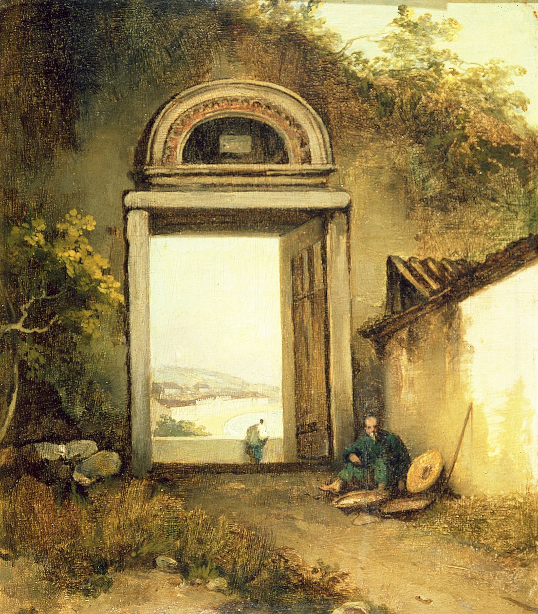 Uitzicht op Praya Grande, Macau, vanaf een deuropening op Penha Hill door George Chinnery